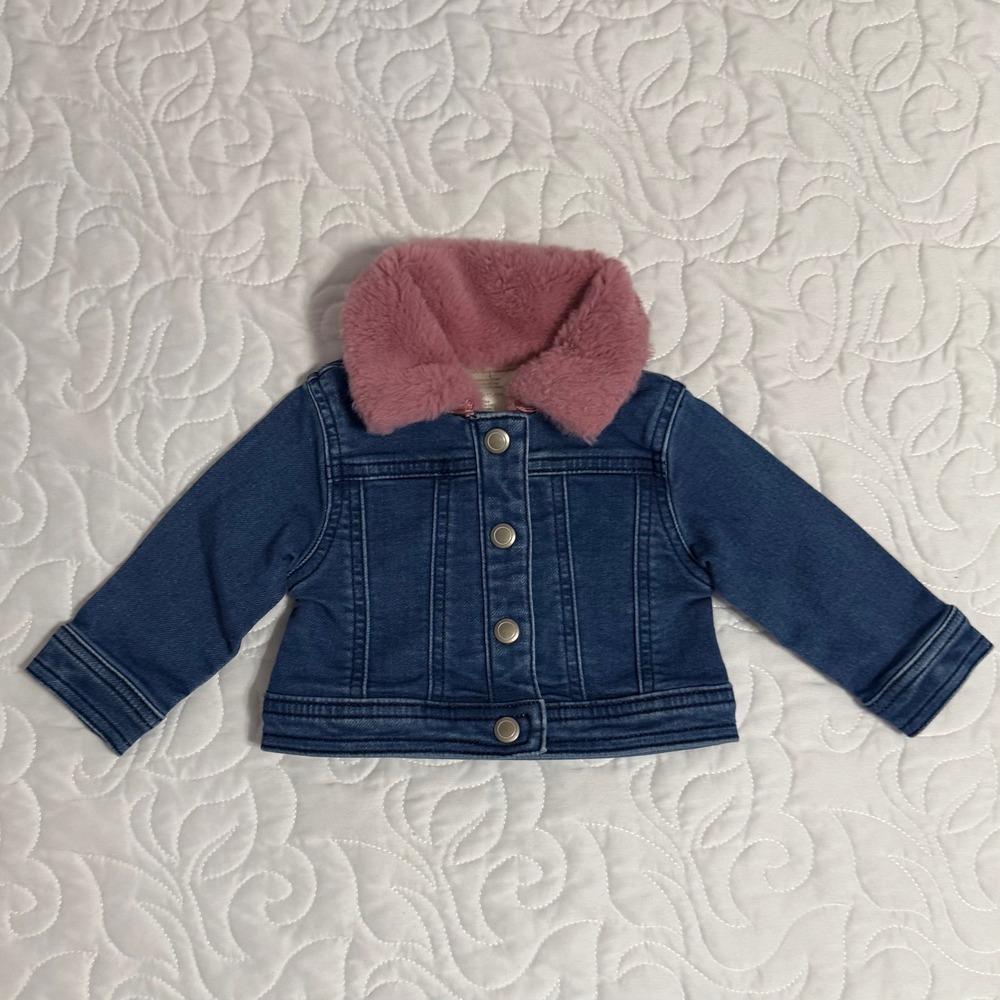 First Impressions Denim Jacket Baby 3-6M Blue Pink Faux Fur Excellent Trucker
